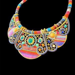 Tribal Ethnic Wide Collar Bib Necklace Colorful Enamel Stone Beads Gems Brass